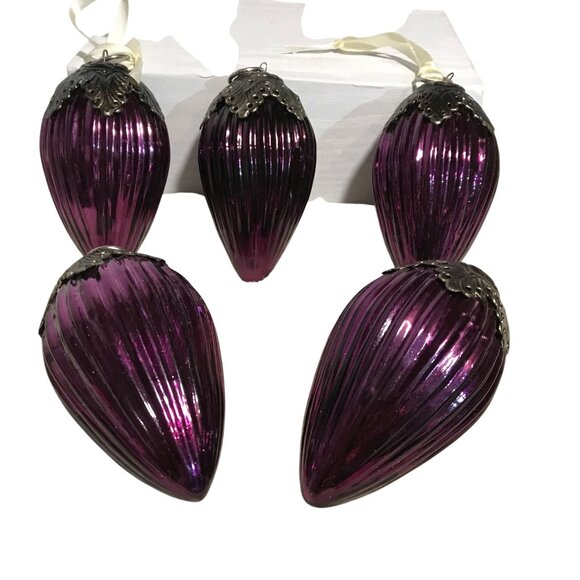 Purple Glass Christmas Ornaments Ornate Silver Caps Kugel? Vintage Very Heavy - Picture 2 of 14